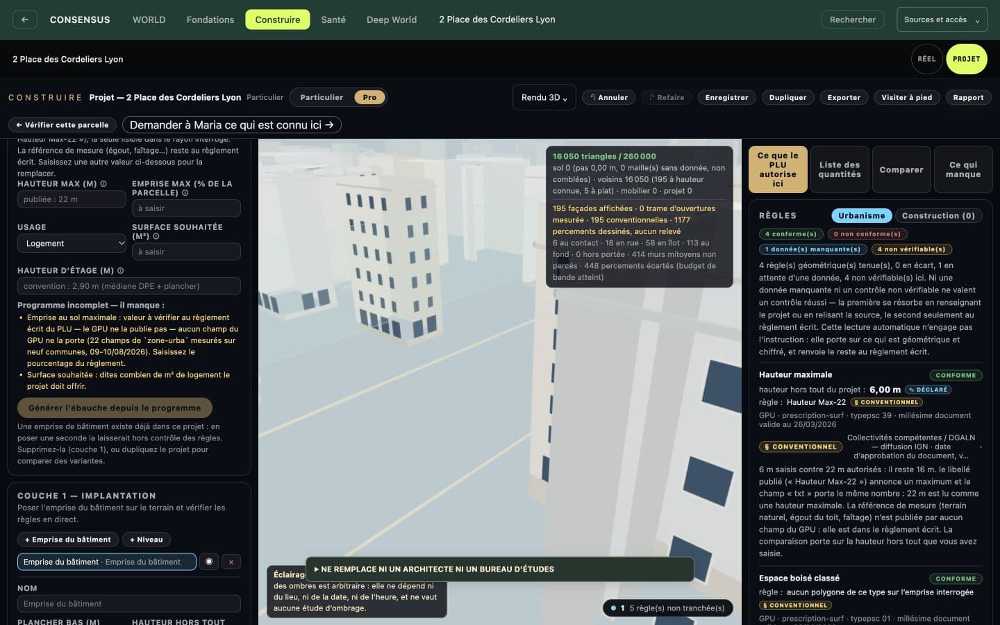 CONSTRUIRE : atelier d’emprise, volume urbain et panneau des règles d’urbanisme.