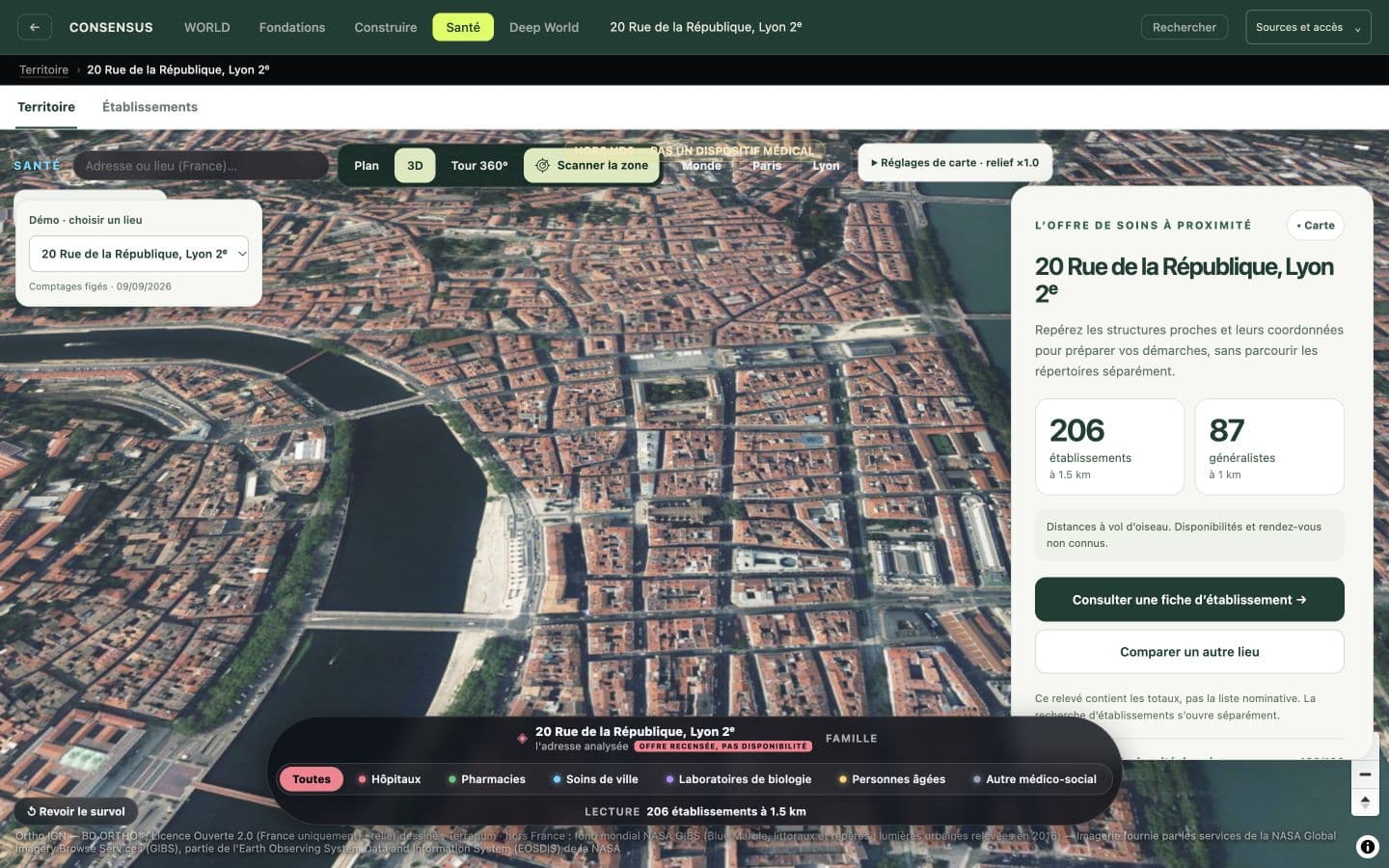 SANTÉ : carte de Lyon et offre de soins recensée autour d’une adresse.