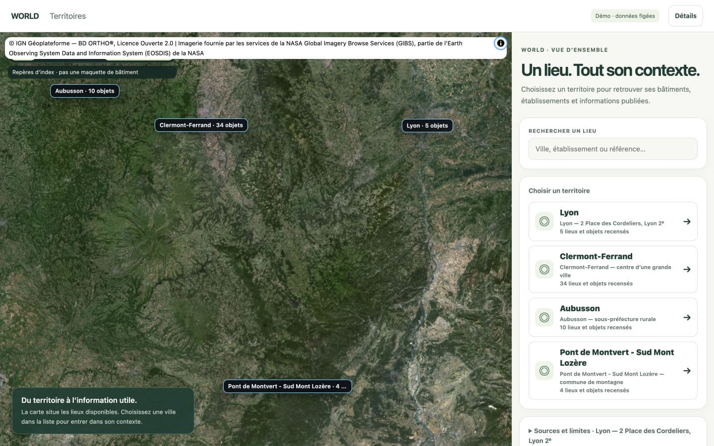 WORLD : carte et sélection des territoires de Lyon, Clermont-Ferrand, Aubusson et Pont de Montvert.